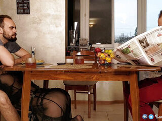 Step-mother deepthroats my man meat under the table while father reads the newspaper