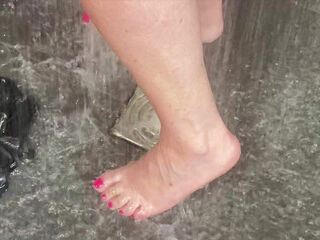 Mrs Mature soles in the bathroom