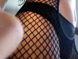 Busty curly brunette with big boobs fucks on couch