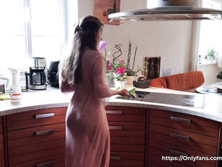 Bare Cleaning. Uber-sexy brown-haired in a Sheer sundress With No undergarments Cleans the Kitchen. Amy Haze