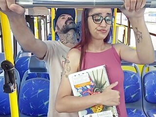 Youthfull college girl was thighed by stranger inwards the bus in public.