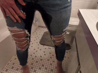 Urinate desperation and golden bathroom in denim