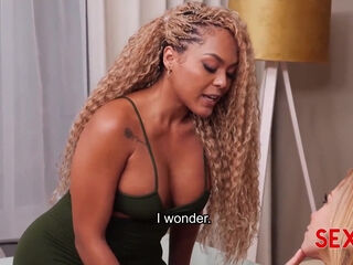 Ebony milf enjoyed eating her busty friend out, while getting pumped