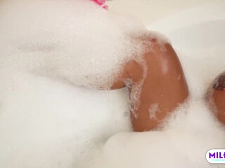 Ebony stepmom Tia lets him take a bath with her and pleases him in there