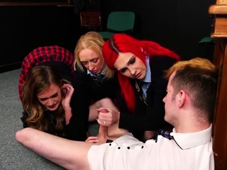 Female dominance CFNM school girls deep-throat in gang
