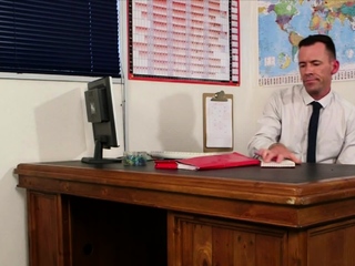 Office chicks examining collegue's shaft at desk